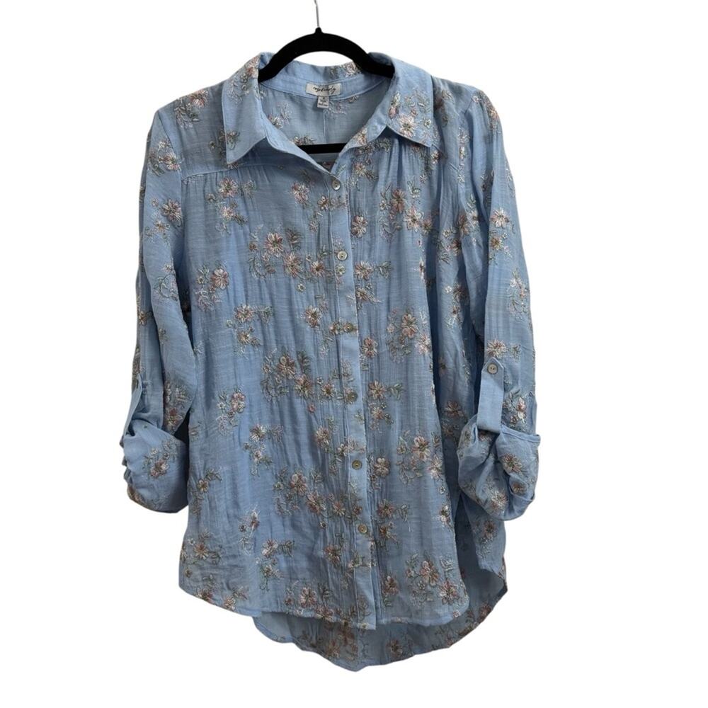 Rose & Everly Embroidered Blue Long Sleeve Button Down Blouse NWT